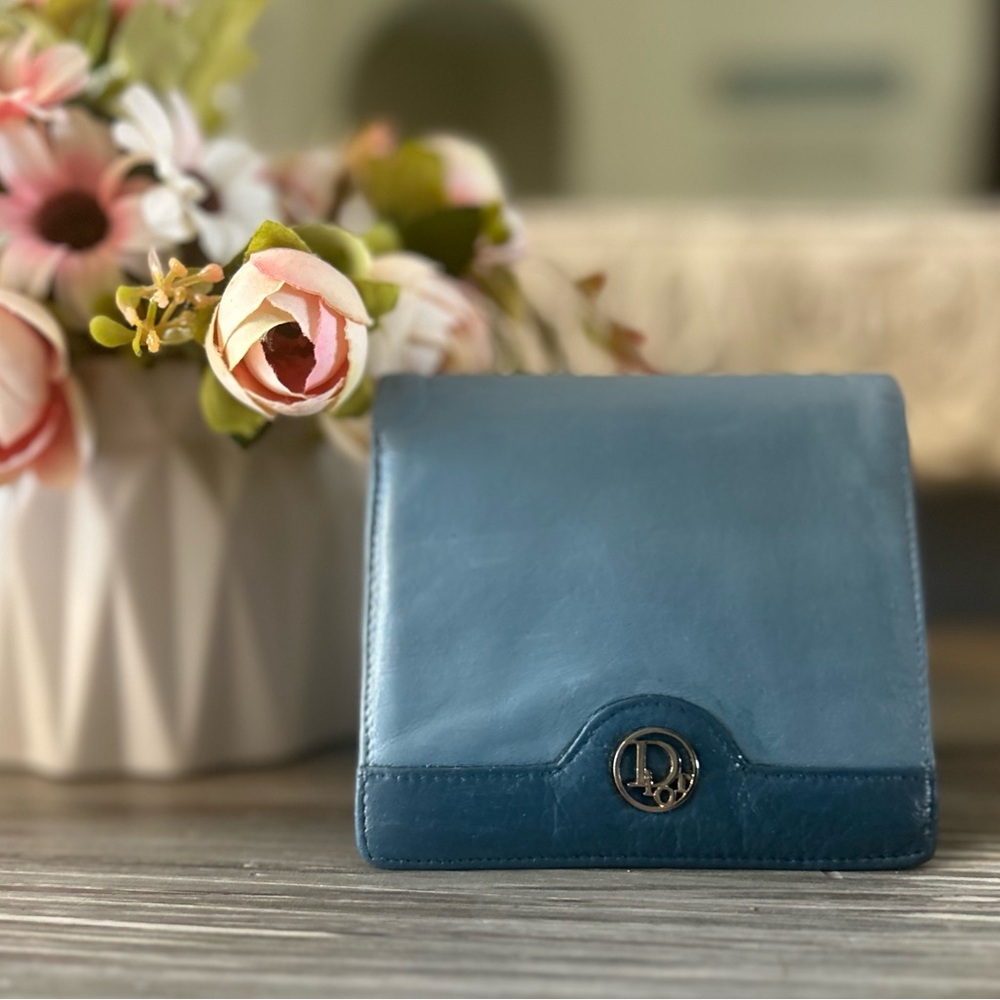 Dior Rare Dusty Sky Blue Soft Lambskin Genuine Leather Compact Wallet Purse - Picture 3 of 12